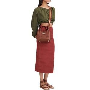 Longchamp Roseau Small Box Leather Bag Double Handle Crossbody Strap MAHOGANY